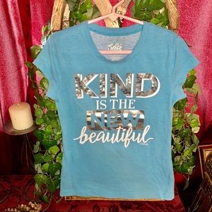 Justice girls size 7, Blue and silver T-shirt.